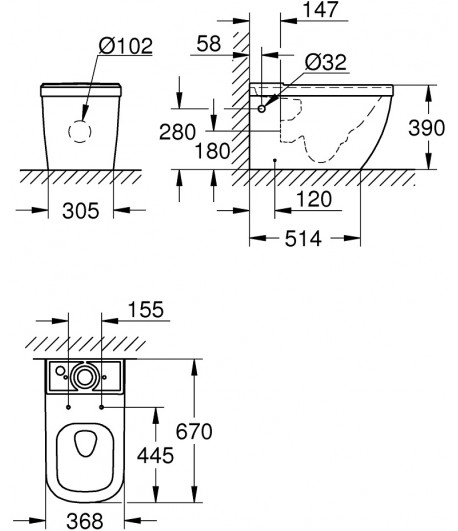 Vas WC rimless back-to-wall, Grohe Euro Ceramic, pentru rezervor asezat ...