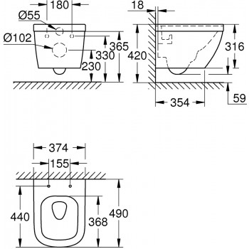 Vas WC rimless suspendat, Grohe Euro Ceramic, spalare Triple Vortex, alb, 39206000 - 4