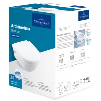 Set vas WC rimless suspendat, Villeroy&Boch Architectura, DirectFlush, capac inchidere lenta, Alb Alpin CeramicPlus, 5684HRR1 - 