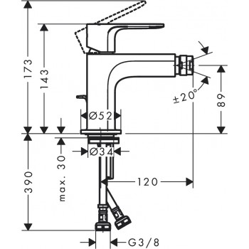 Baterie bideu, Hansgrohe Rebris S, cu ventil pop-up, crom, 72212000 - 2