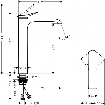 Baterie lavoar fara ventil, Hansgrohe Vivenis 250, montaj pe blat, negru mat, 75042670 - 2