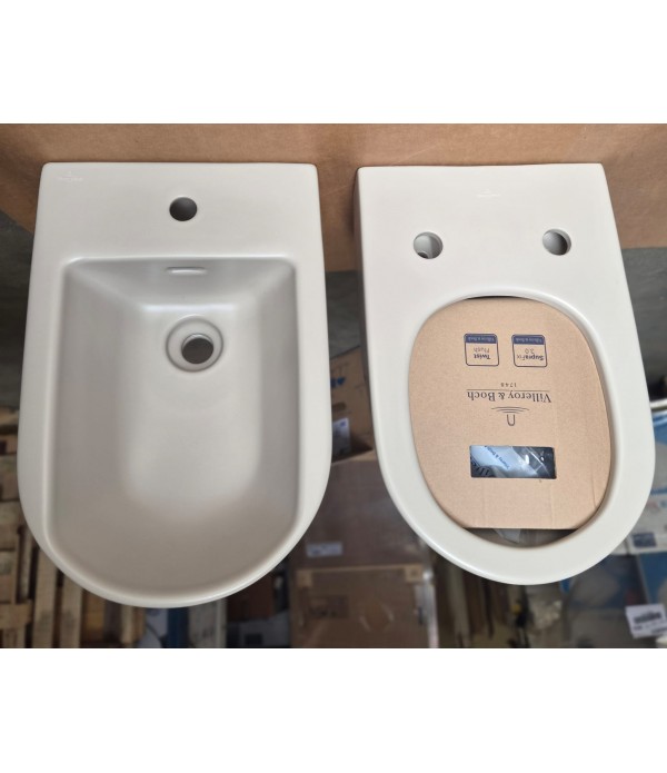 Pachet vas WC rimless suspendat + bideu suspendat, Villeroy&Boch Antao, TwistFlush, cu capac WC inchidere lenta, Almond - 1