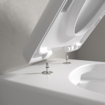 Set vas WC rimless suspendat, Villeroy&Boch Skyla, TwistFlush, capac inchidere lenta, 37x56cm, Stone White CeramicPlus, 5656CLRW