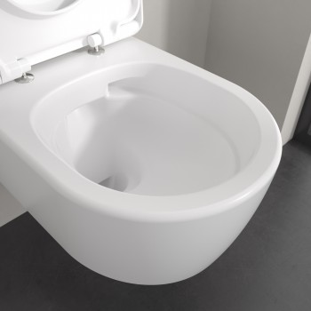 Set vas WC rimless suspendat, Villeroy&Boch Skyla, TwistFlush, capac inchidere lenta, 37x56cm, Stone White CeramicPlus, 5656CLRW