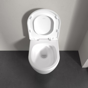 Set vas WC rimless suspendat, Villeroy&Boch Skyla, TwistFlush, capac inchidere lenta, 37x56cm, Stone White CeramicPlus, 5656CLRW