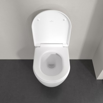 Set vas WC rimless suspendat, Villeroy&Boch Skyla, TwistFlush, capac inchidere lenta, 37x56cm, Stone White CeramicPlus, 5656CLRW