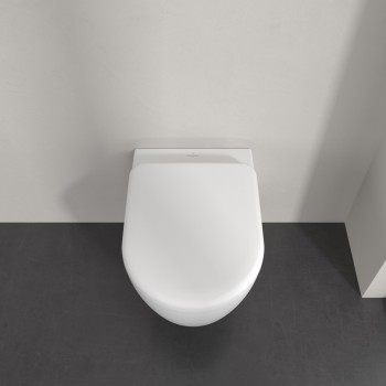 Set vas WC rimless suspendat, Villeroy&Boch Skyla, TwistFlush, capac inchidere lenta, 37x56cm, Stone White CeramicPlus, 5656CLRW