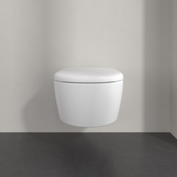Set vas WC rimless suspendat, Villeroy&Boch Skyla, TwistFlush, capac inchidere lenta, 37x56cm, Stone White CeramicPlus, 5656CLRW