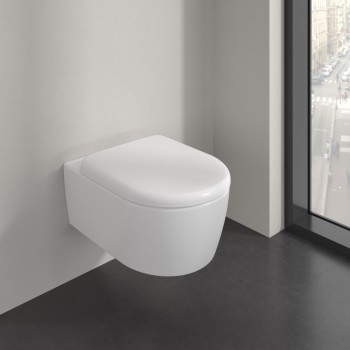 Set vas WC rimless suspendat, Villeroy&Boch Skyla, TwistFlush, capac inchidere lenta, 37x56cm, Stone White CeramicPlus, 5656CLRW