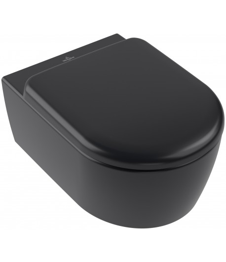Set vas WC rimless suspendat, Villeroy&Boch Skyla, TwistFlush, capac inchidere lenta, 37x56cm, Pure Black CeramicPlus, 5656CLR7 