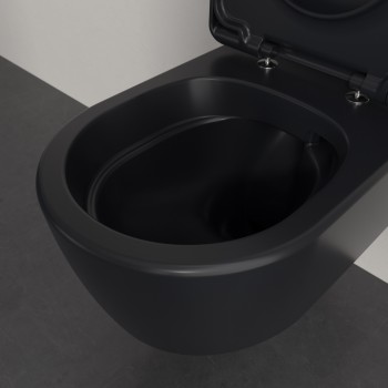 Set vas WC rimless suspendat, Villeroy&Boch Skyla, TwistFlush, capac inchidere lenta, 37x56cm, Pure Black CeramicPlus, 5656CLR7 