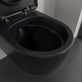 Set vas WC rimless suspendat, Villeroy&Boch Skyla, TwistFlush, capac inchidere lenta, 37x56cm, Pure Black CeramicPlus, 5656CLR7 