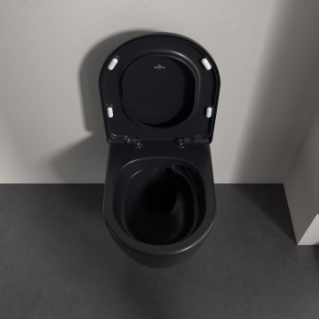 Set vas WC rimless suspendat, Villeroy&Boch Skyla, TwistFlush, capac inchidere lenta, 37x56cm, Pure Black CeramicPlus, 5656CLR7 