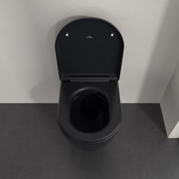 Set vas WC rimless suspendat, Villeroy&Boch Skyla, TwistFlush, capac inchidere lenta, 37x56cm, Pure Black CeramicPlus, 5656CLR7 