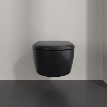 Set vas WC rimless suspendat, Villeroy&Boch Skyla, TwistFlush, capac inchidere lenta, 37x56cm, Pure Black CeramicPlus, 5656CLR7 