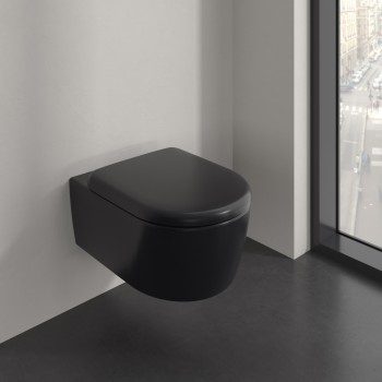 Set vas WC rimless suspendat, Villeroy&Boch Skyla, TwistFlush, capac inchidere lenta, 37x56cm, Pure Black CeramicPlus, 5656CLR7 