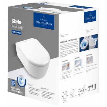 Set vas WC rimless suspendat, Villeroy&Boch Skyla, TwistFlush, capac inchidere lenta, 37x53cm, Stone White CeramicPlus, 5656CLRW